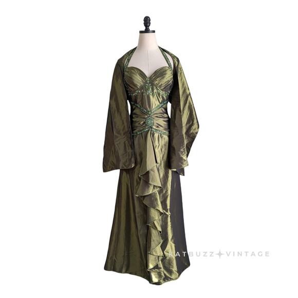 Vintage Prom Dress Maxi Gown S Green Y2K Fairy Princess Ruffle Glam Bead  Halter
